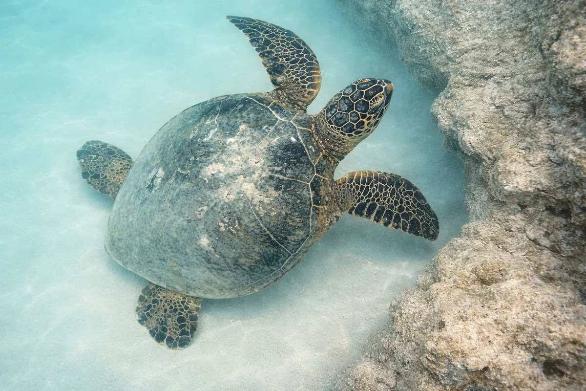 A sea turtle gliding through clear Hawaiian water