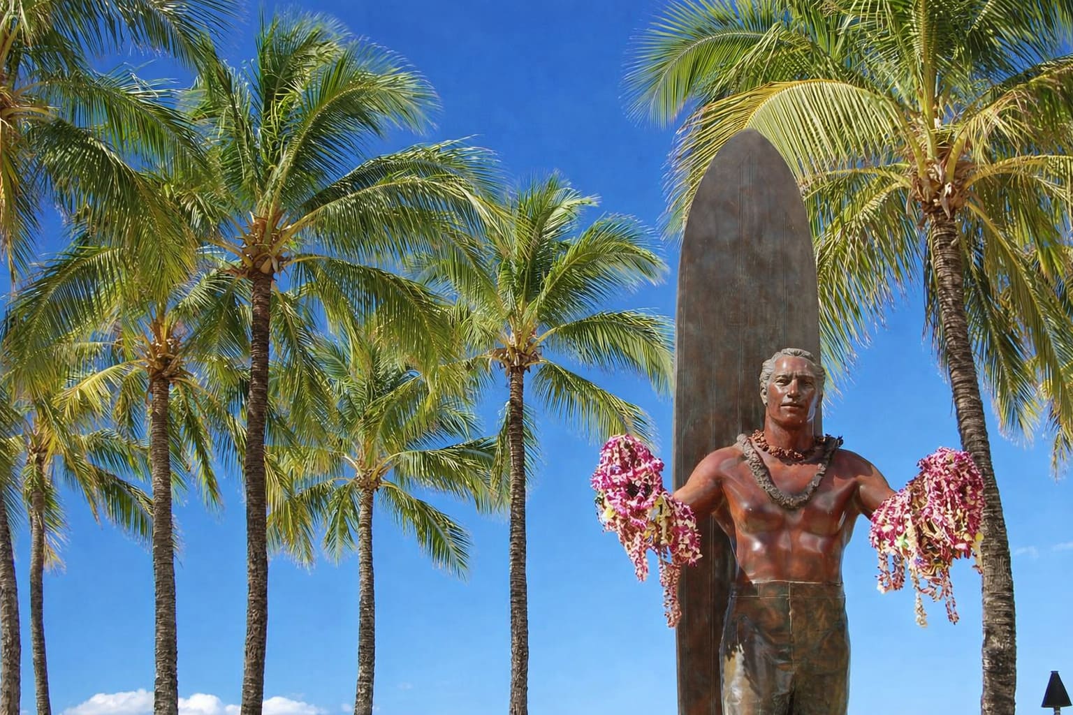 A lei-draped statue and tall palms in Waikiki