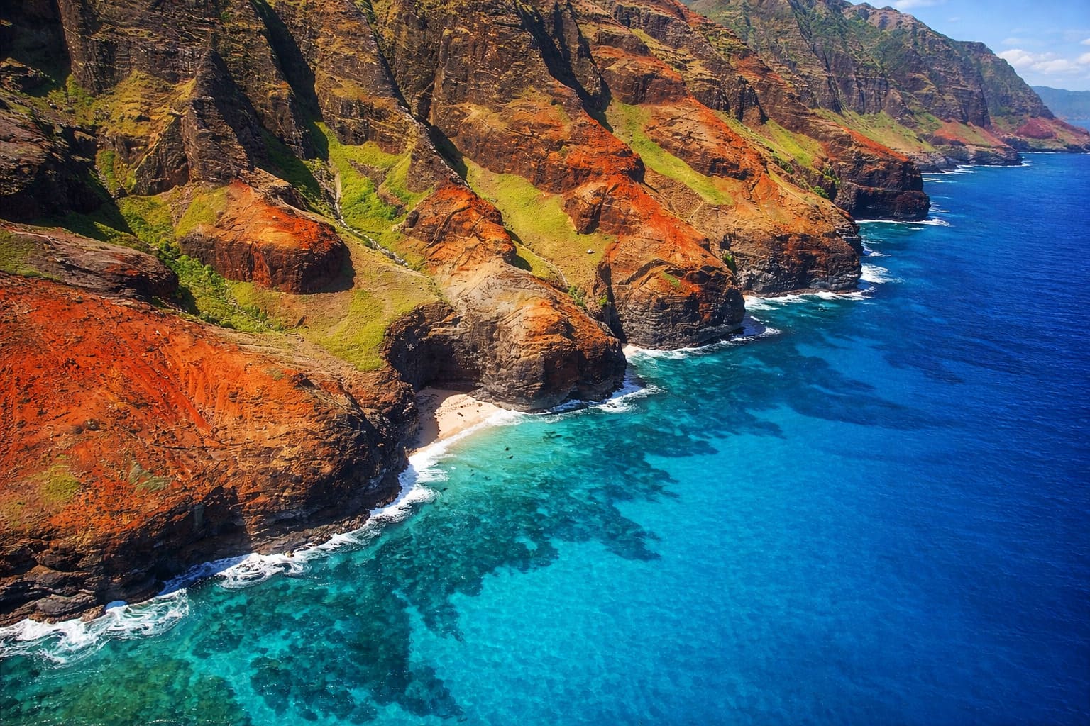 Kauai’s dramatic Na Pali cliffs and blue ocean