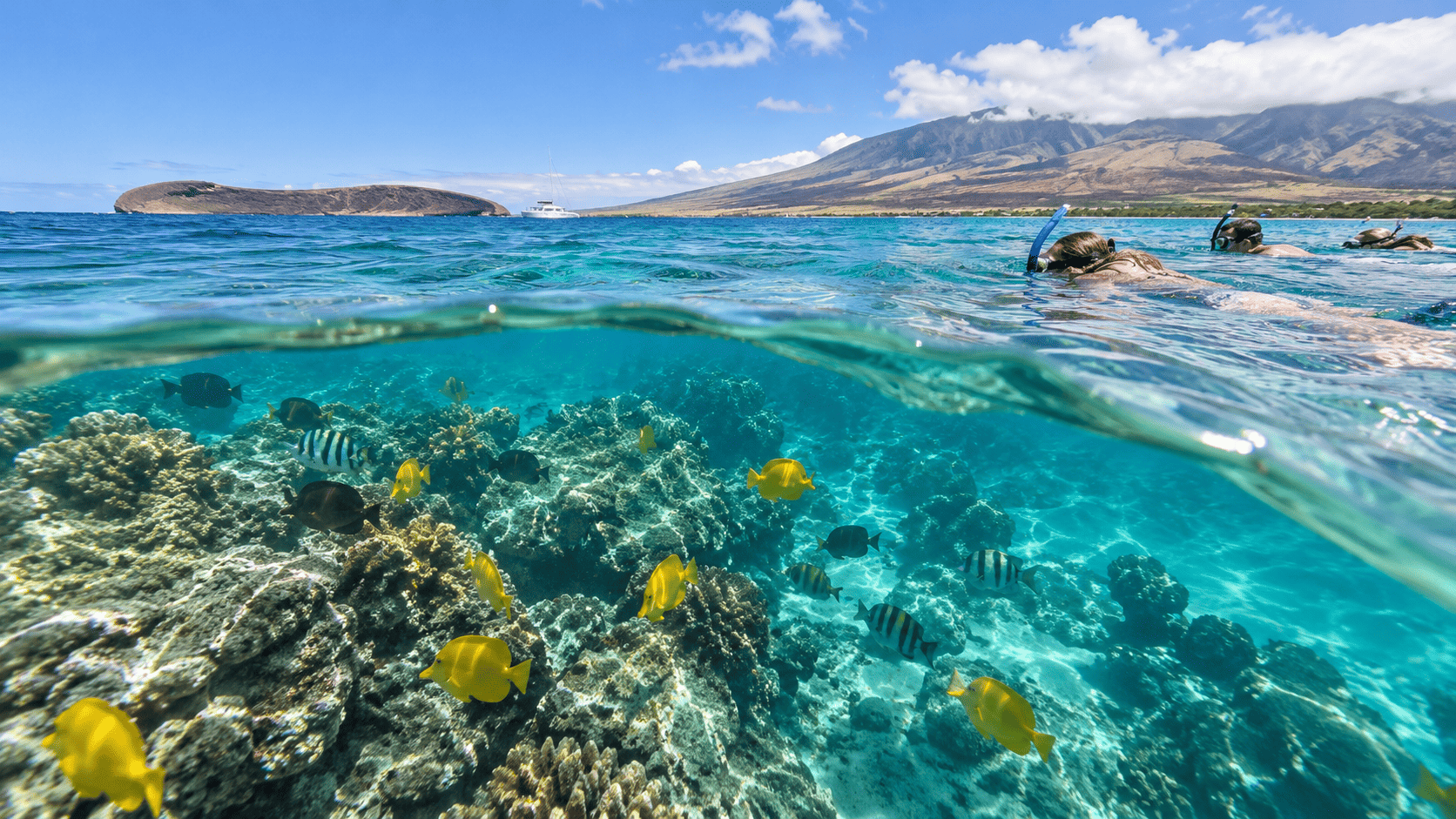 Clear water and reef life off Maui, with Molokini and the island coastline beyond